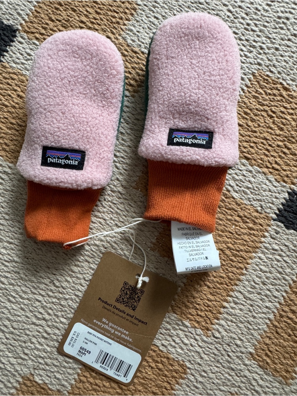 Patagonia Kids Pink Fleece Mittens with Orange Cuffs